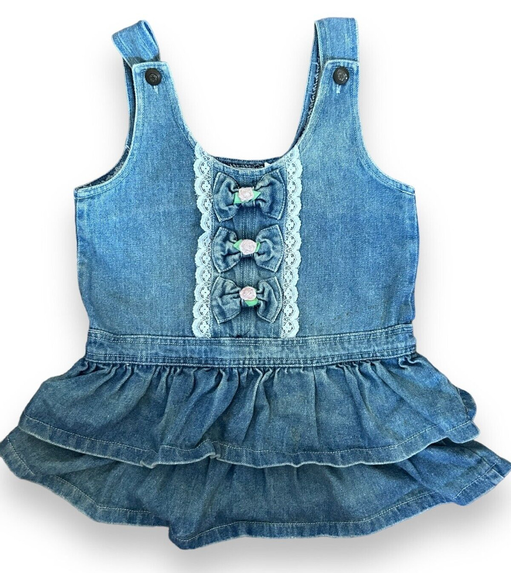 Vintage Rachel’s Kids Denim Jean Dress Bows and Flowers Girl Size 4T